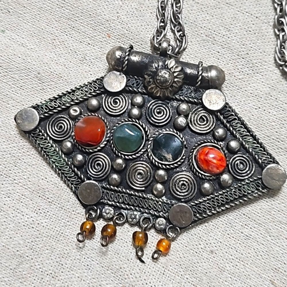 Vintage Antique Bohemian Oxidized Silver Gemstone Amulet Necklace